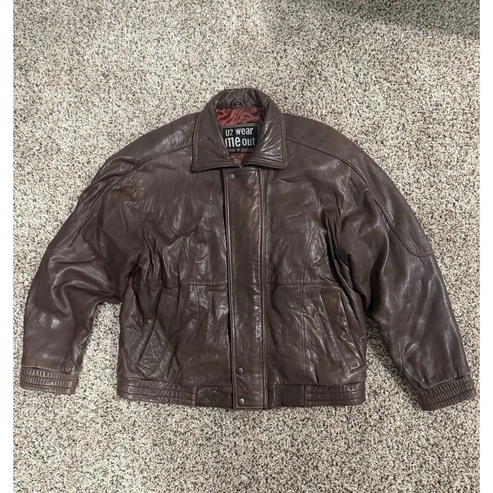 U2 Wear Me Out Brown Tan Leather Bomber Size 44 Flight Jacket Distressed Vtg